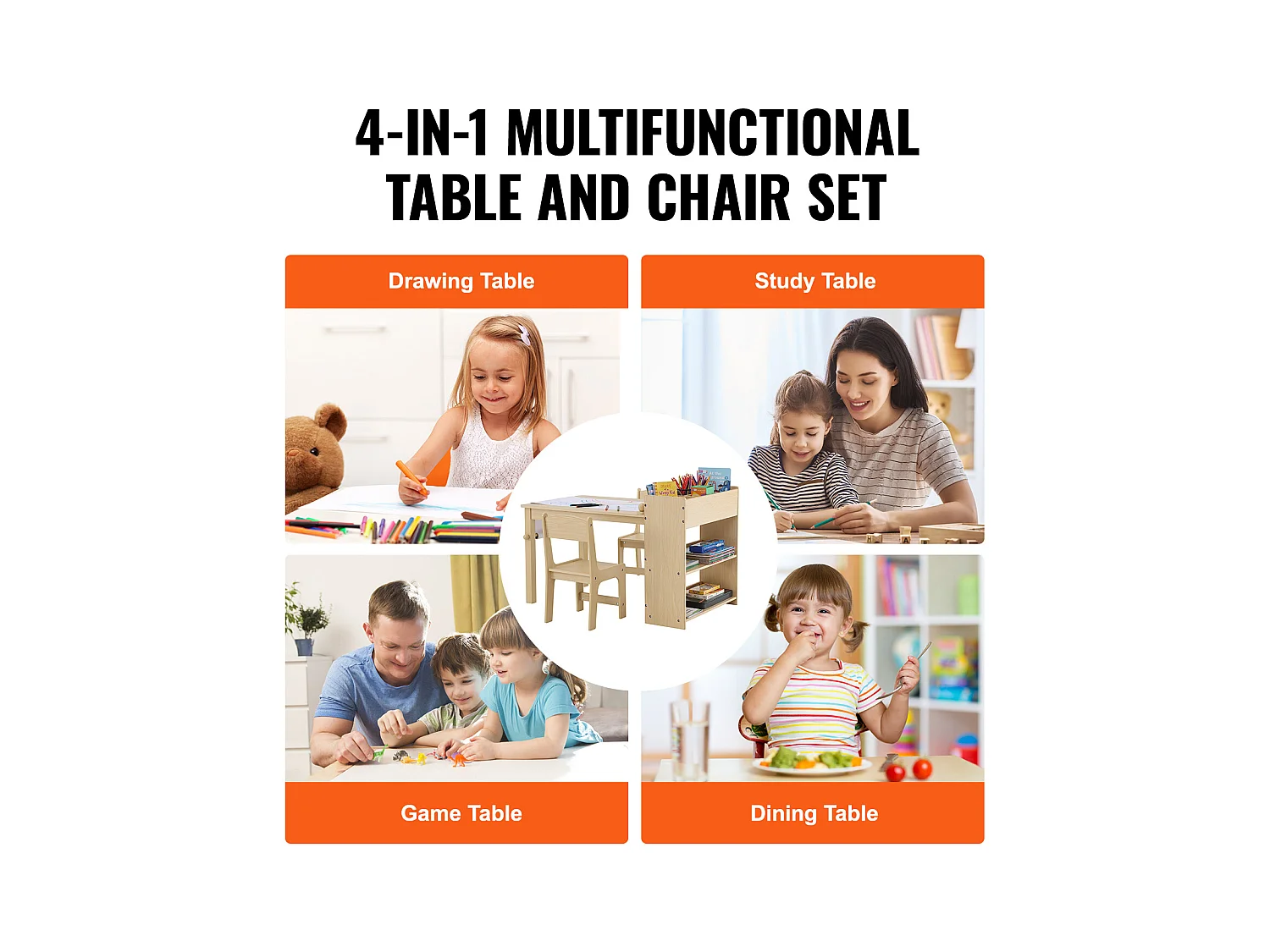 Ensemble de Meuble Table pour Enfants SucceBuy et 2 Chaises, Table de Bricolage et de Jeu pour Tout-Petits avec Armoire