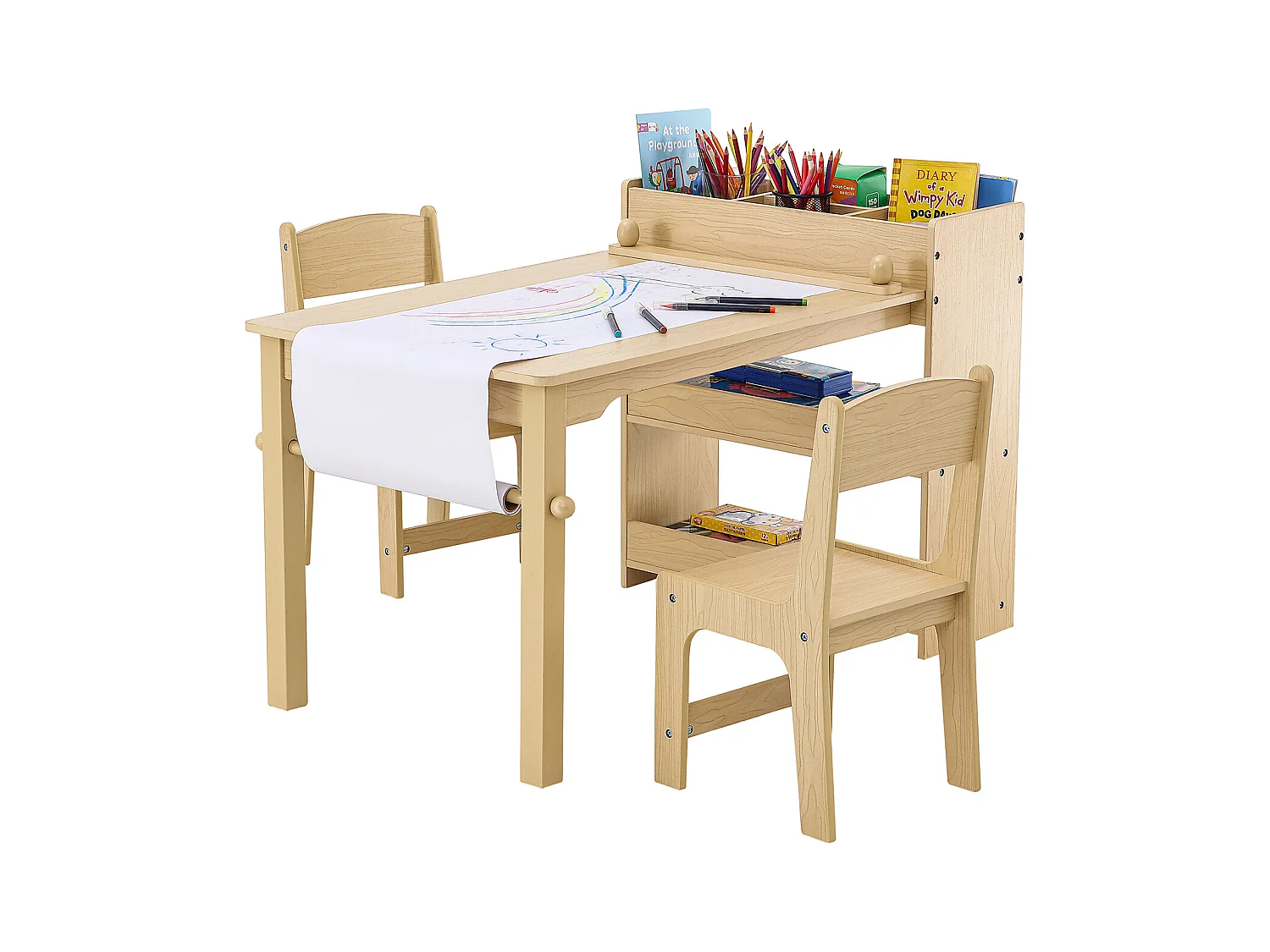 Ensemble de Meuble Table pour Enfants SucceBuy et 2 Chaises, Table de Bricolage et de Jeu pour Tout-Petits avec Armoire
