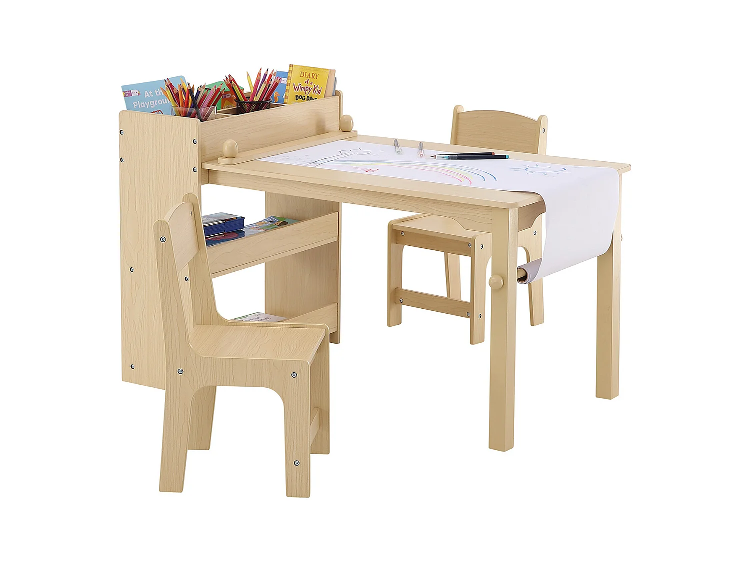 Ensemble de Meuble Table pour Enfants SucceBuy et 2 Chaises, Table de Bricolage et de Jeu pour Tout-Petits avec Armoire