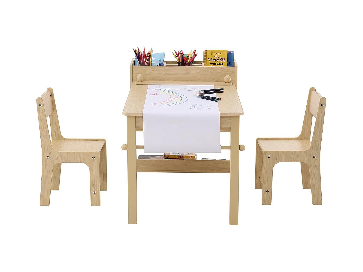 Ensemble de Meuble Table pour Enfants SucceBuy et 2 Chaises, Table de Bricolage et de Jeu pour Tout-Petits avec Armoire