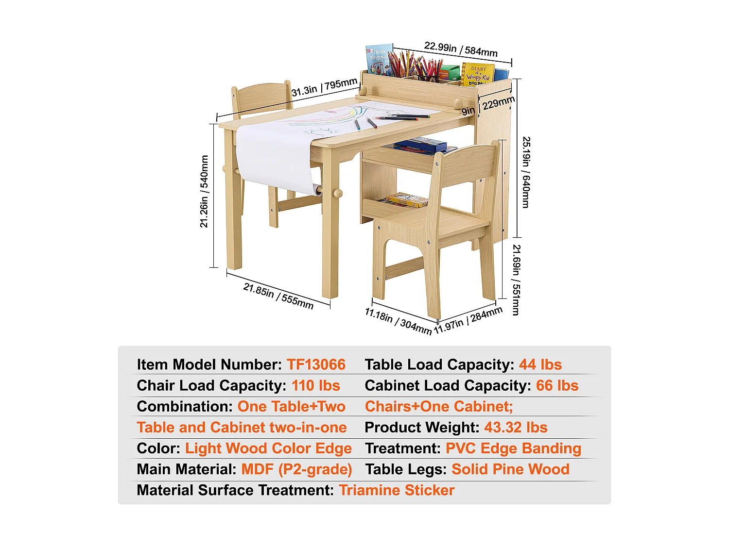 Ensemble de Meuble Table pour Enfants SucceBuy et 2 Chaises, Table de Bricolage et de Jeu pour Tout-Petits avec Armoire