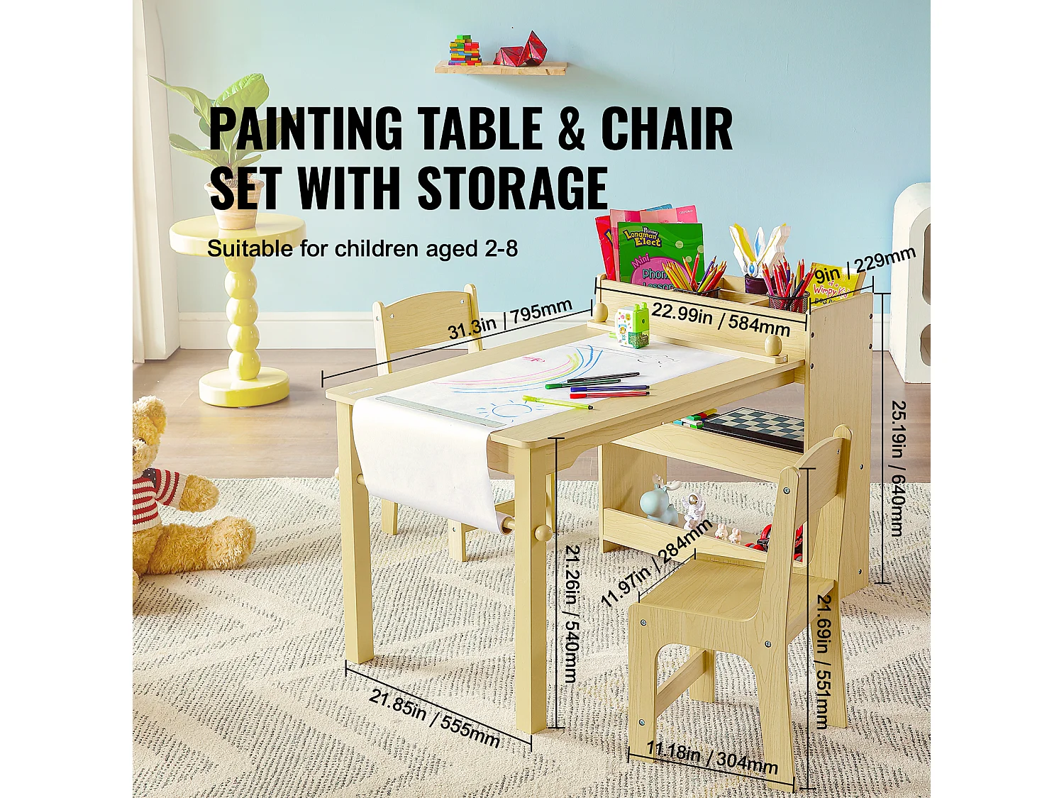 Ensemble de Meuble Table pour Enfants SucceBuy et 2 Chaises, Table de Bricolage et de Jeu pour Tout-Petits avec Armoire