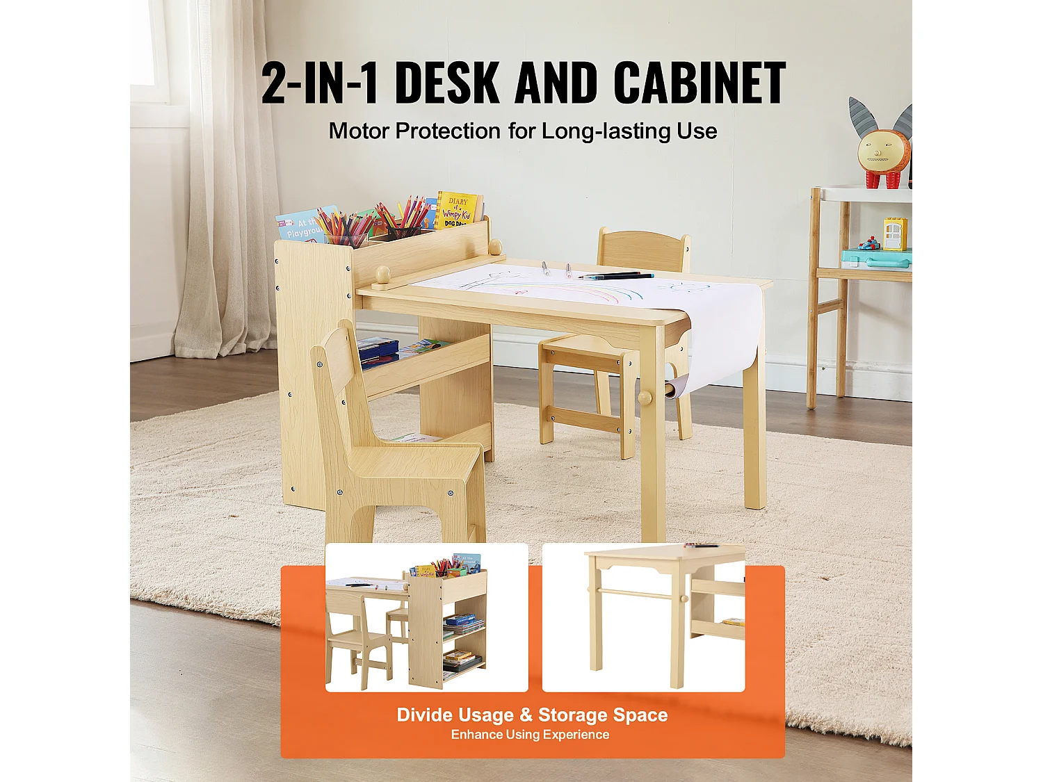 Ensemble de Meuble Table pour Enfants SucceBuy et 2 Chaises, Table de Bricolage et de Jeu pour Tout-Petits avec Armoire