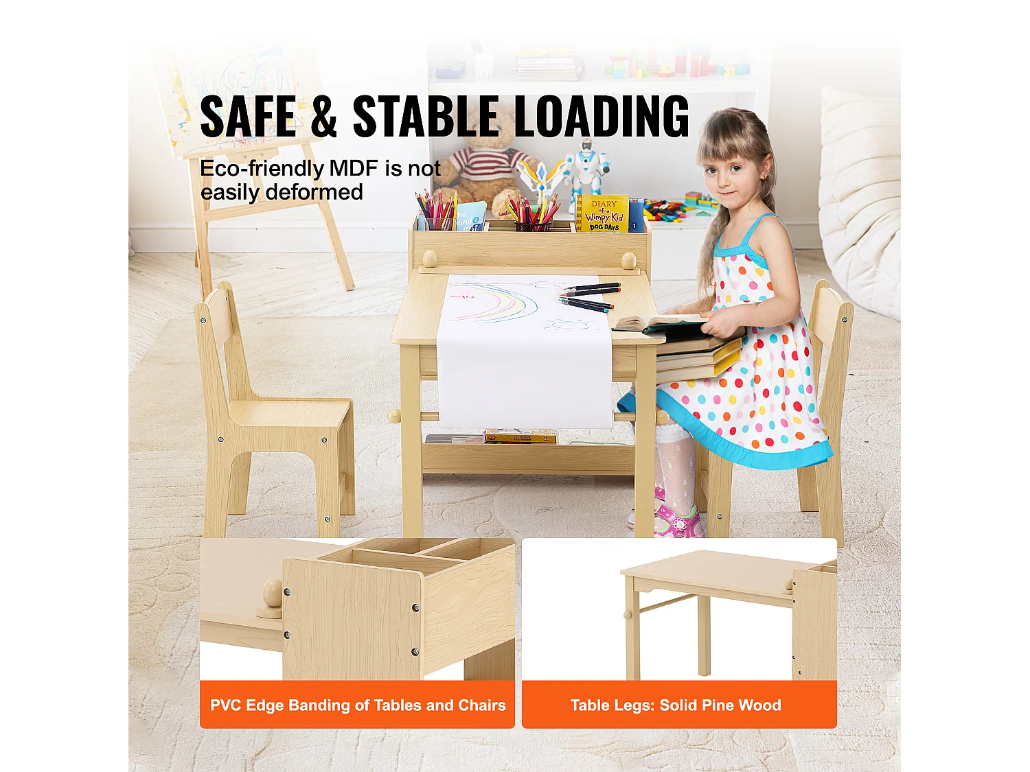 Ensemble de Meuble Table pour Enfants SucceBuy et 2 Chaises, Table de Bricolage et de Jeu pour Tout-Petits avec Armoire