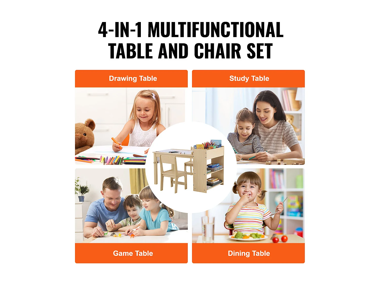 Ensemble de Meuble Table pour Enfants SucceBuy et 2 Chaises, Table de Bricolage et de Jeu pour Tout-Petits avec Armoire