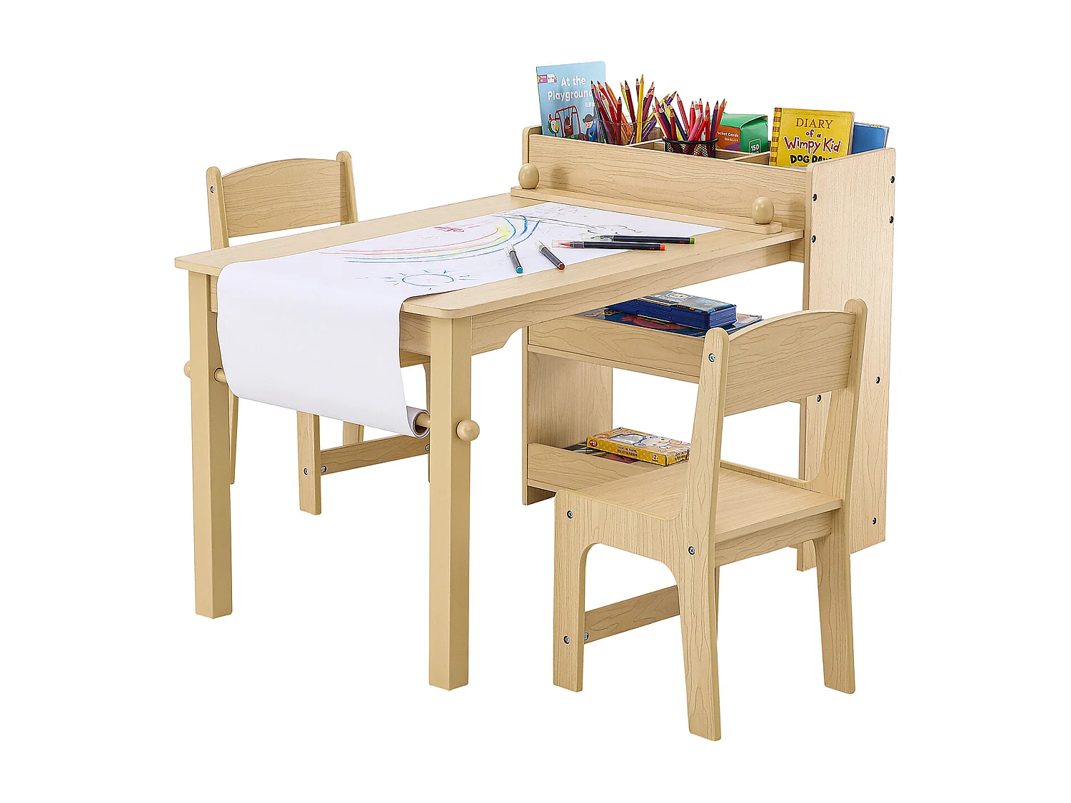Ensemble de Meuble Table pour Enfants SucceBuy et 2 Chaises, Table de Bricolage et de Jeu pour Tout-Petits avec Armoire
