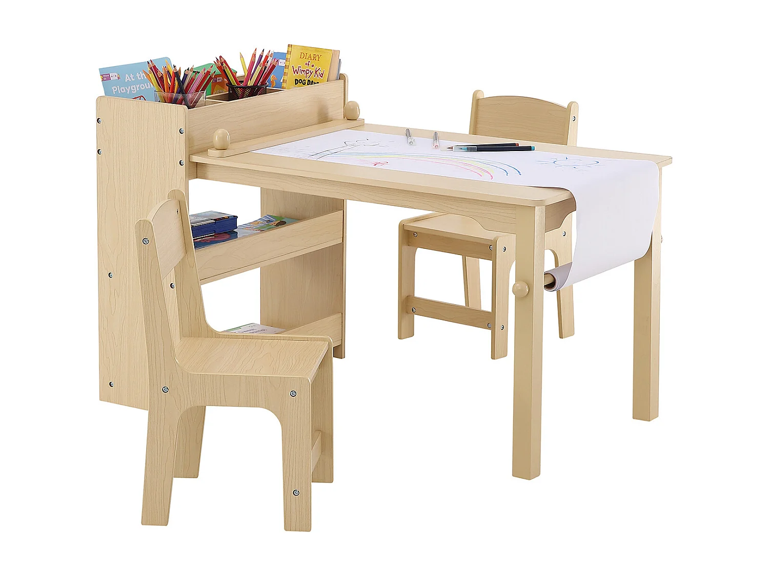 Ensemble de Meuble Table pour Enfants SucceBuy et 2 Chaises, Table de Bricolage et de Jeu pour Tout-Petits avec Armoire