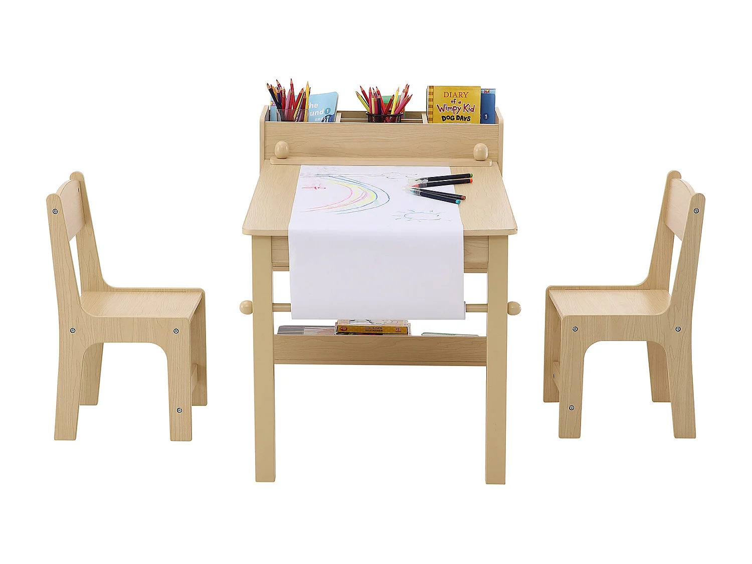 Ensemble de Meuble Table pour Enfants SucceBuy et 2 Chaises, Table de Bricolage et de Jeu pour Tout-Petits avec Armoire