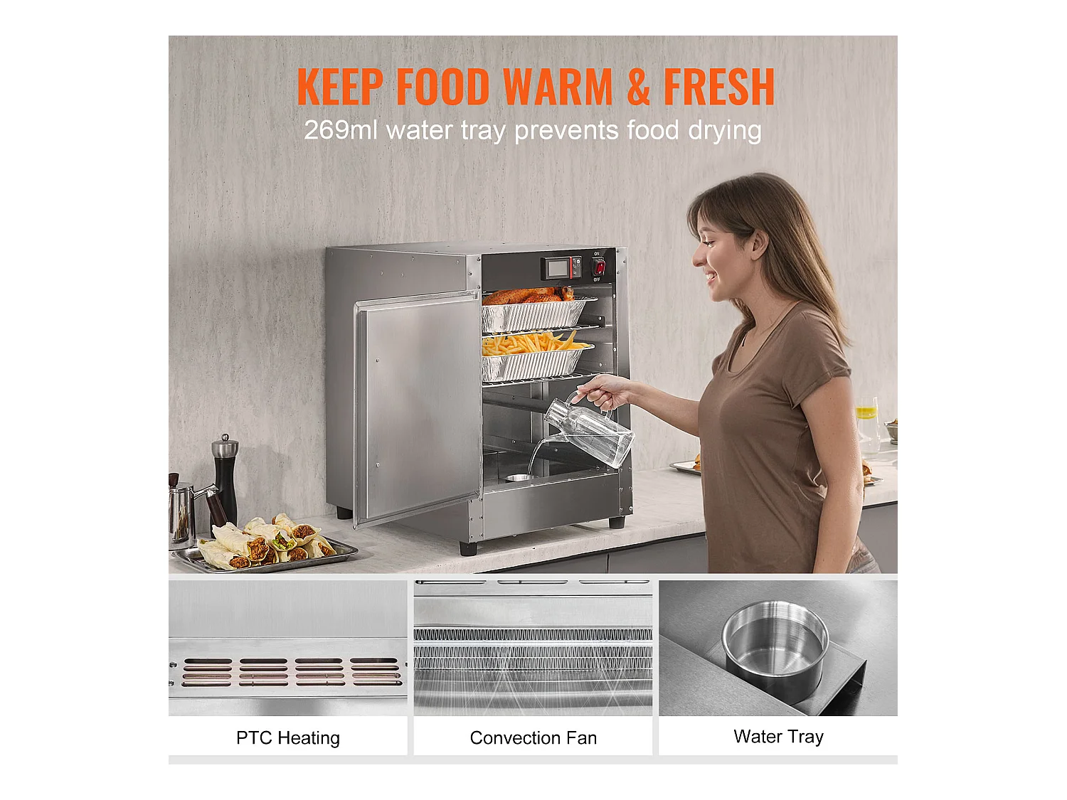 Chauffe-plats Industriel à 4 Niveaux SucceBuy, Armoire de Concession avec Bac à Eau, Porte Simple