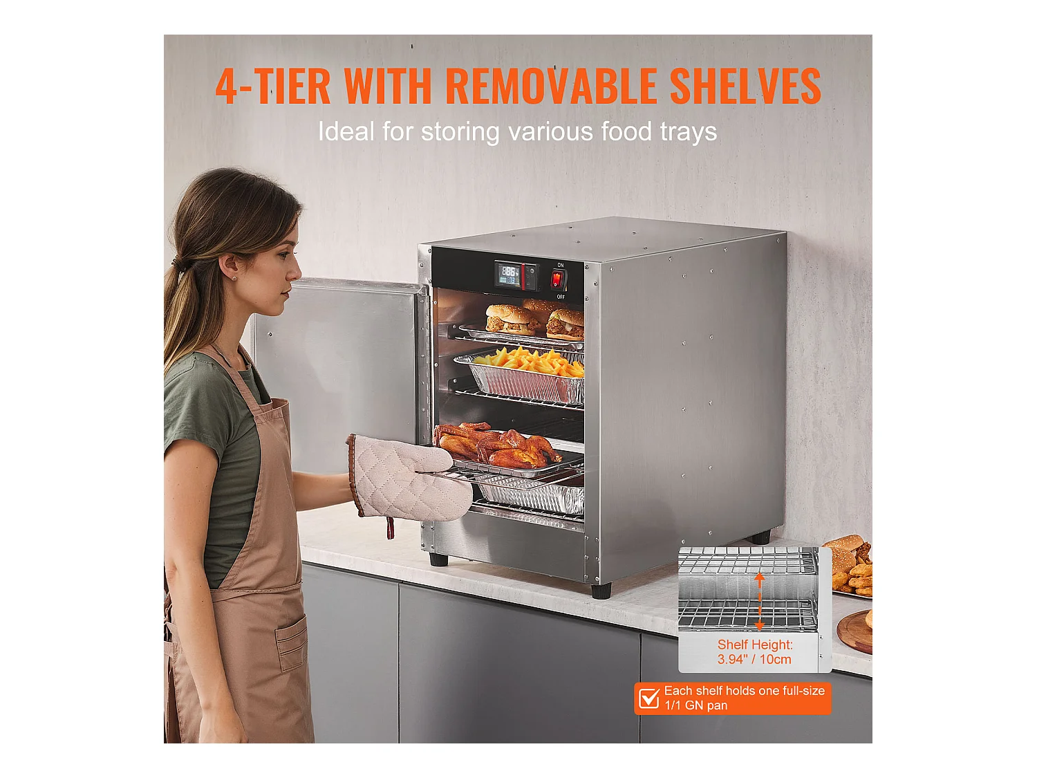 Chauffe-plats Industriel à 4 Niveaux SucceBuy, Armoire de Concession avec Bac à Eau, Porte Simple