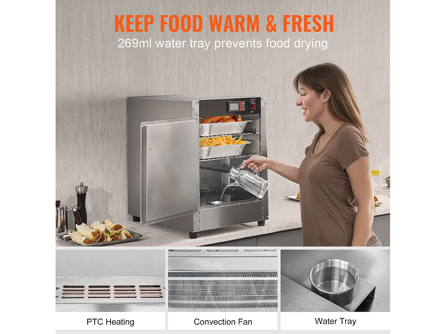 Chauffe-plats Industriel à 4 Niveaux SucceBuy, Armoire de Concession avec Bac à Eau, Porte Simple