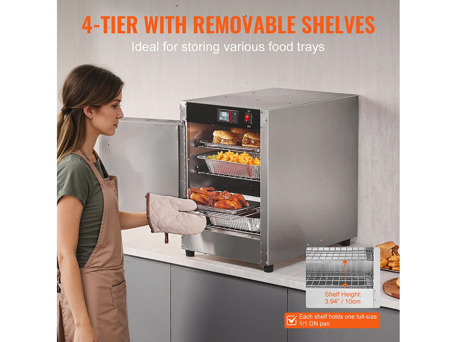 Chauffe-plats Industriel à 4 Niveaux SucceBuy, Armoire de Concession avec Bac à Eau, Porte Simple