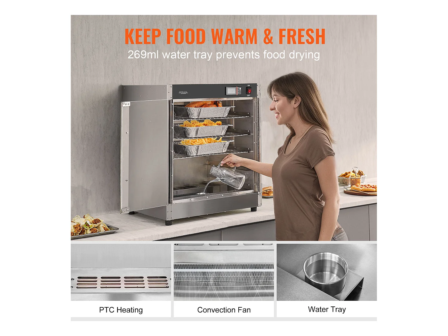 Chauffe-plats Industriel à 4 Niveaux SucceBuy, Armoire Chauffante pour Concession avec Bac à Eau, Double Porte pour Cantine