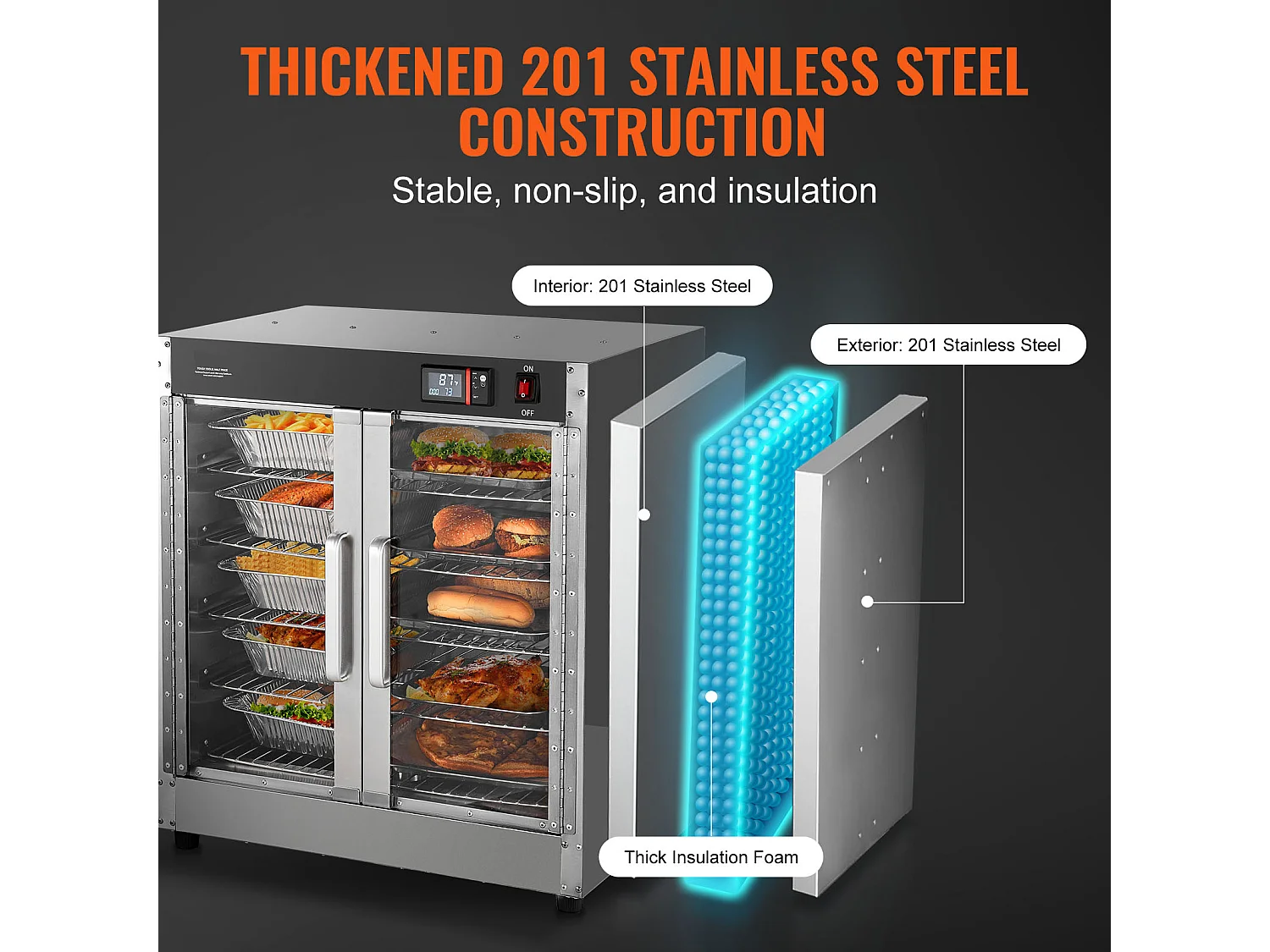 Chauffe-plats Industriel à 4 Niveaux SucceBuy, Armoire Chauffante pour Concession avec Bac à Eau, Double Porte pour Cantine