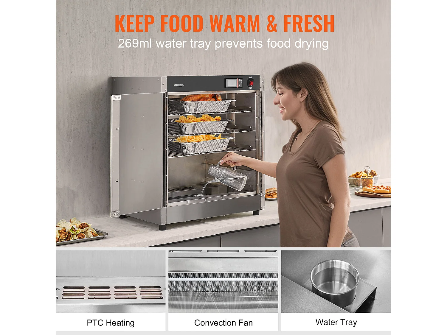 Chauffe-plats Industriel à 4 Niveaux SucceBuy, Armoire Chauffante pour Concession avec Bac à Eau, Double Porte pour Cantine