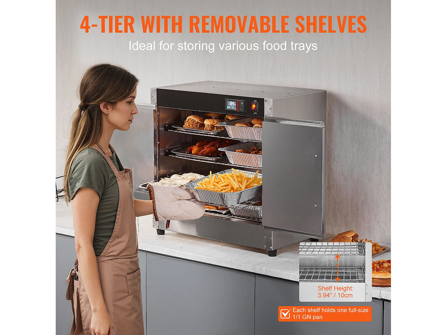 Chauffe-plats Industriel à 4 Niveaux SucceBuy, Armoire de Concession avec Bac à Eau, Double Porte pour Cantine