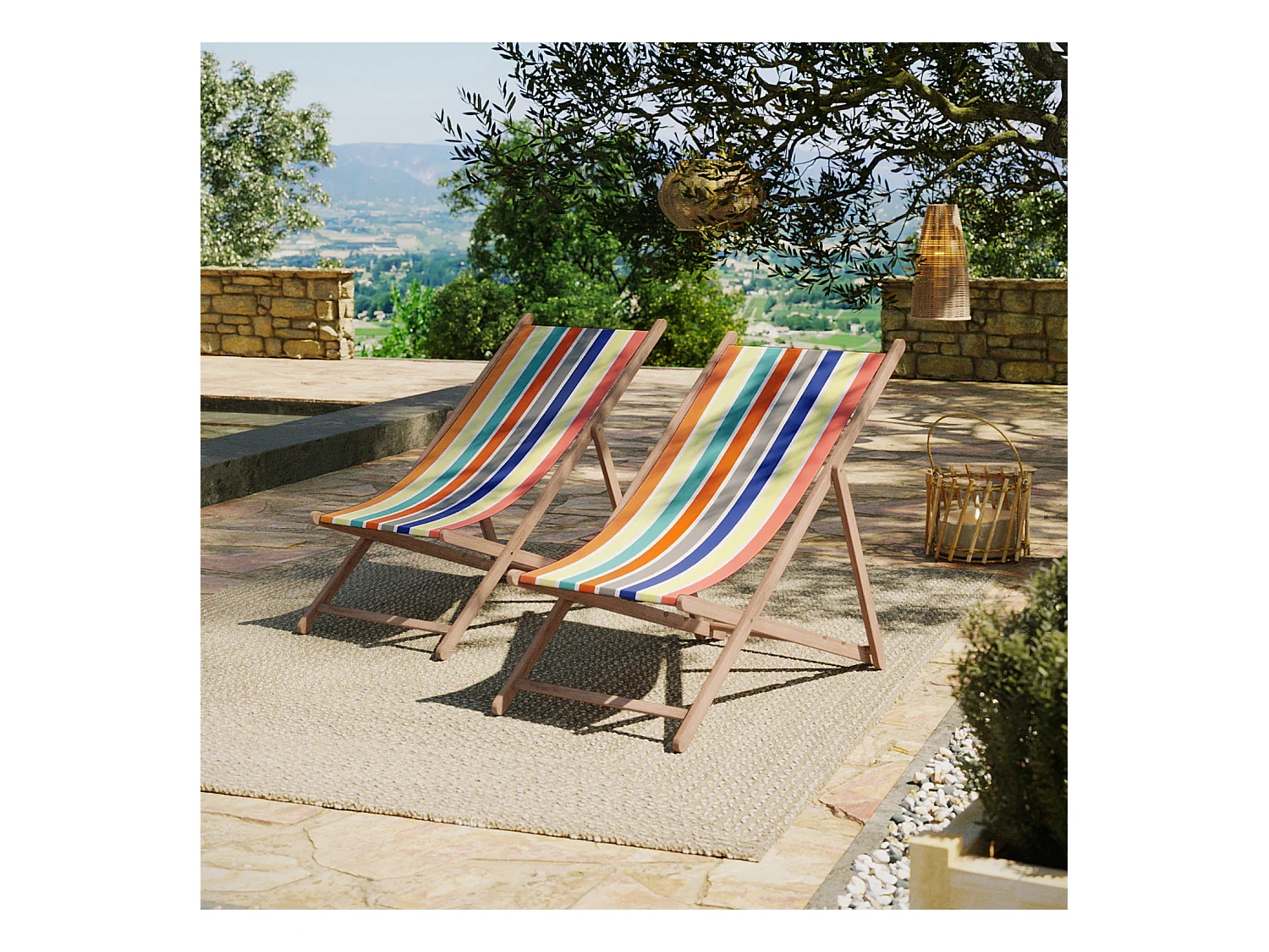 Lot de 2 chiliennes pliantes règlables - 100% acrylique - bois hêtre - Jaune/Orange - GARLIN ANANAS