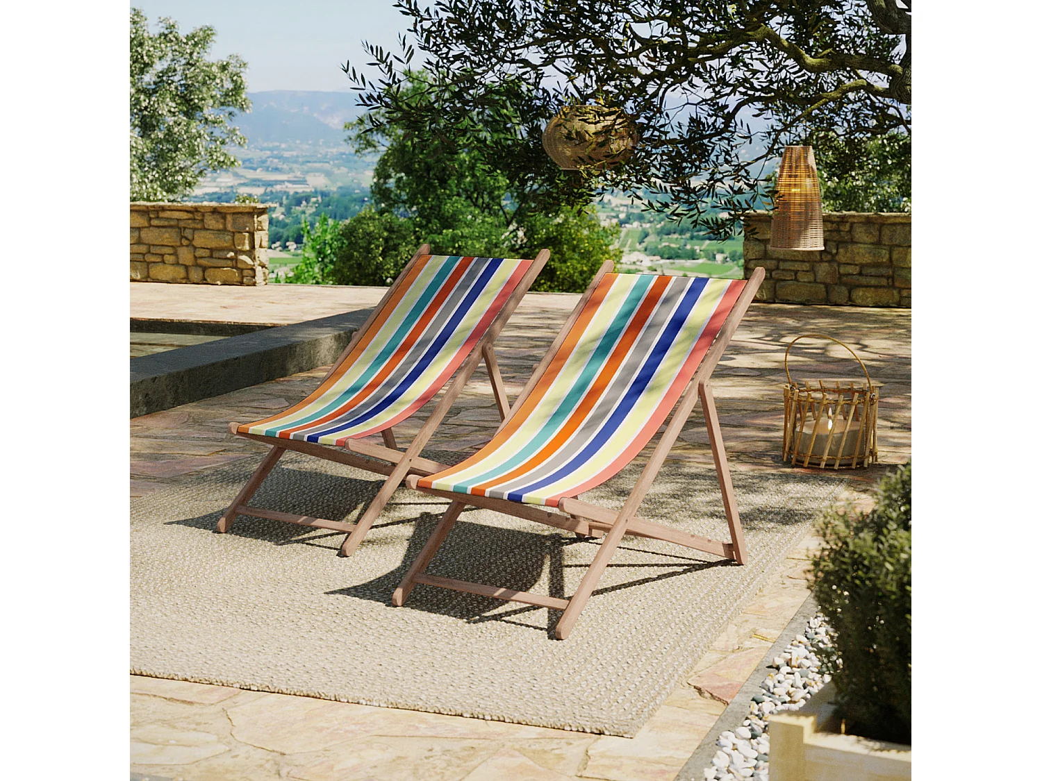 Lot de 2 chiliennes pliantes règlables - 100% acrylique - bois hêtre - Jaune/Orange - GARLIN ANANAS