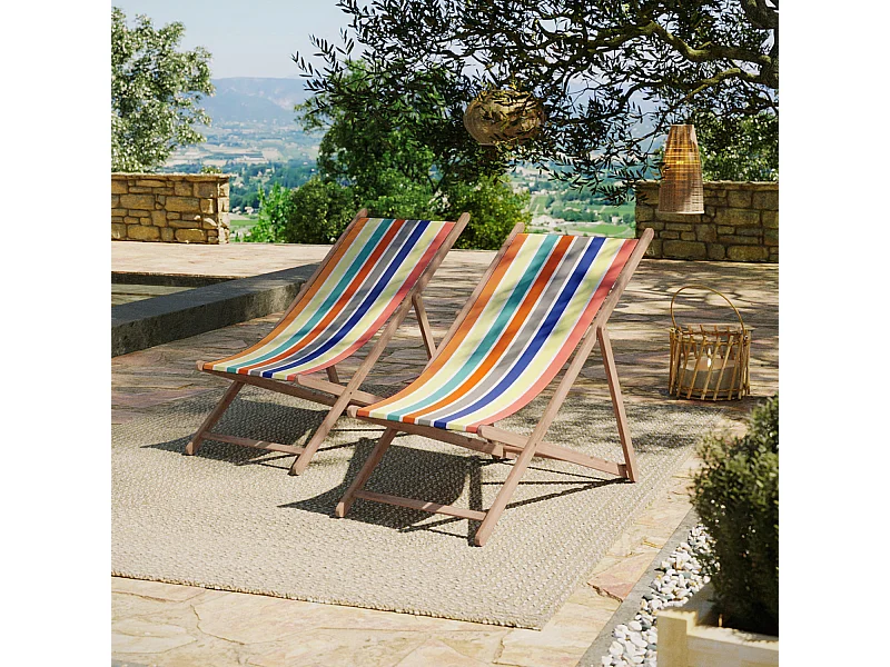 Lot de 2 chiliennes pliantes règlables - 100% acrylique - bois hêtre - Jaune/Orange - GARLIN ANANAS