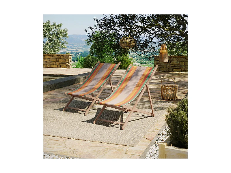 Lot de 2 chiliennes pliantes règlables - 100% acrylique - bois hêtre - Orange/Bleu - CANARIES