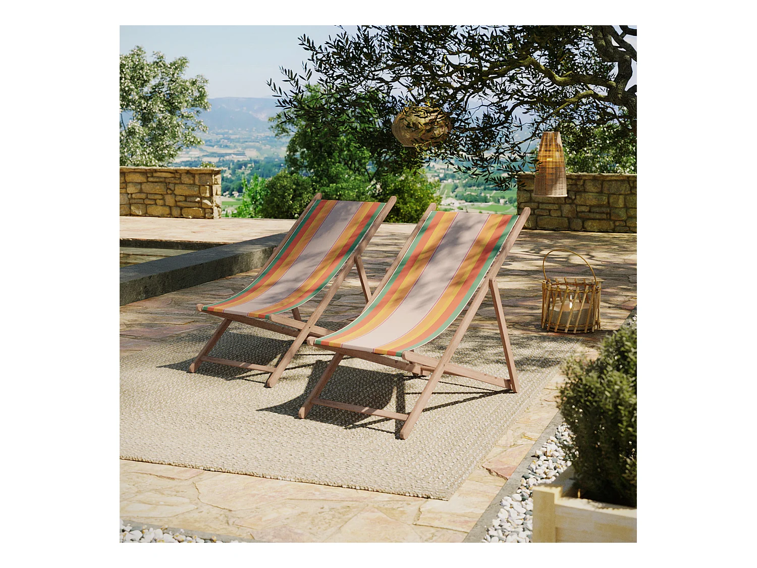 Lot de 2 chiliennes pliantes règlables - 100% acrylique - bois hêtre - Orange/Bleu - CANARIES