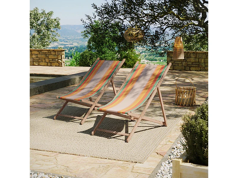 Lot de 2 chiliennes pliantes règlables - 100% acrylique - bois hêtre - Orange/Bleu - CANARIES