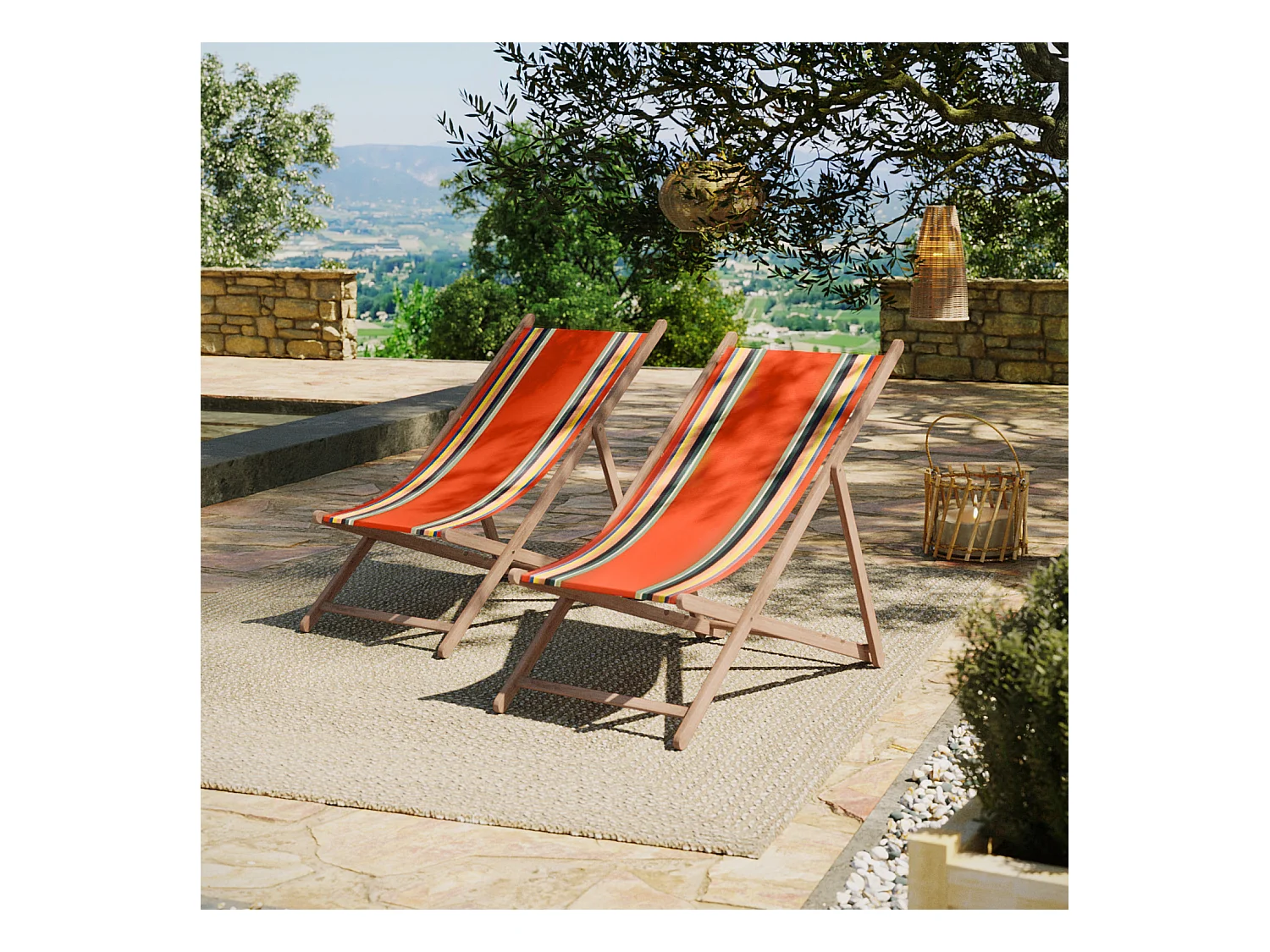 Lot de 2 chiliennes pliantes règlables - 100% acrylique - bois hêtre - Orange/Bleu - MAULEON ORANGE