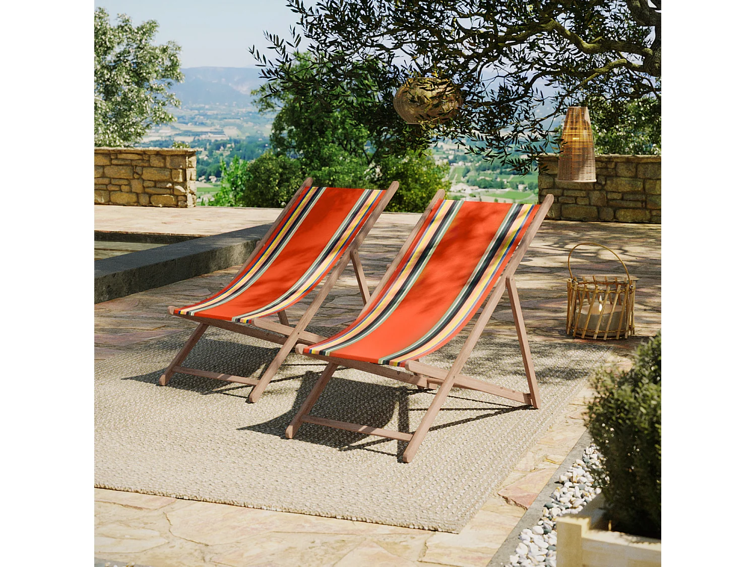 Lot de 2 chiliennes pliantes règlables - 100% acrylique - bois hêtre - Orange/Bleu - MAULEON ORANGE