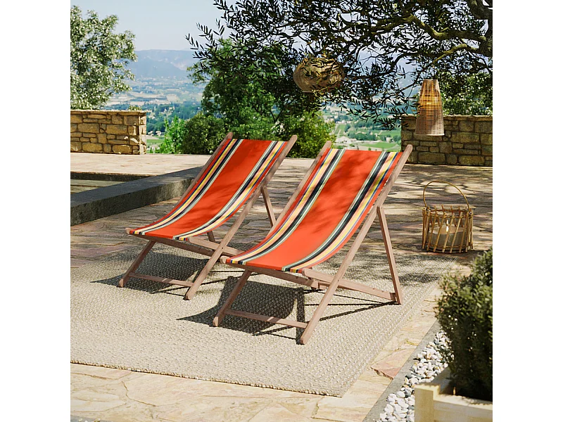 Lot de 2 chiliennes pliantes règlables - 100% acrylique - bois hêtre - Orange/Bleu - MAULEON ORANGE
