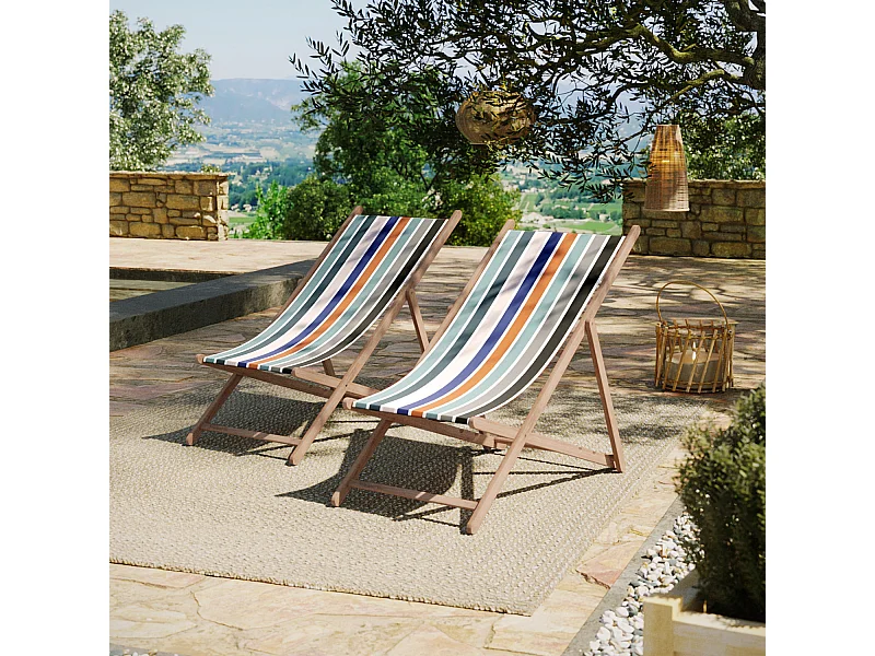 Lot de 2 chiliennes pliantes règlables - 100% acrylique - bois hêtre - Gris/Bleu - GARLIN BLEU BIC