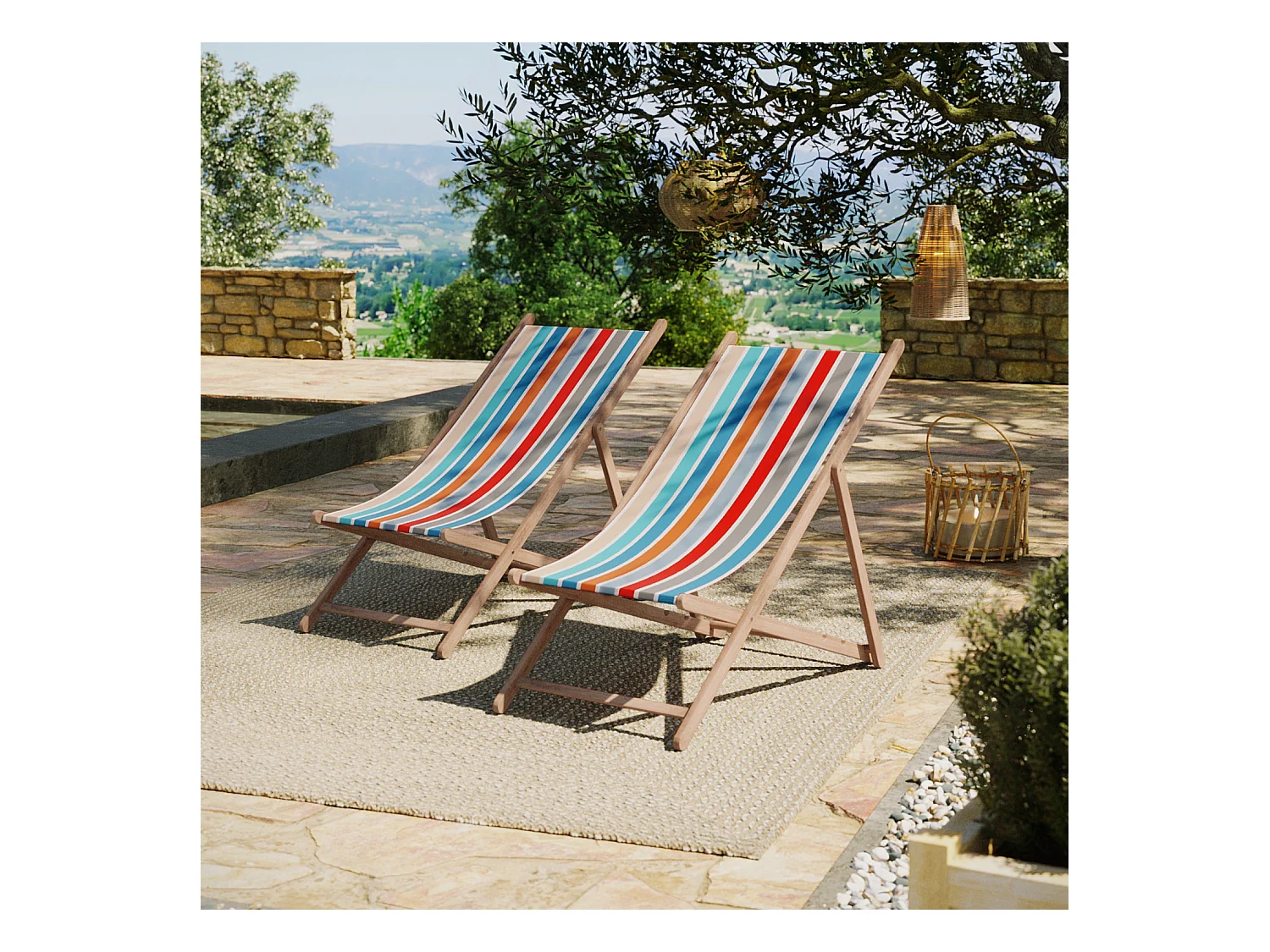 Lot de 2 chiliennes pliantes règlables - 100% acrylique - bois hêtre - Bleu/Orange - GARLIN PECHE