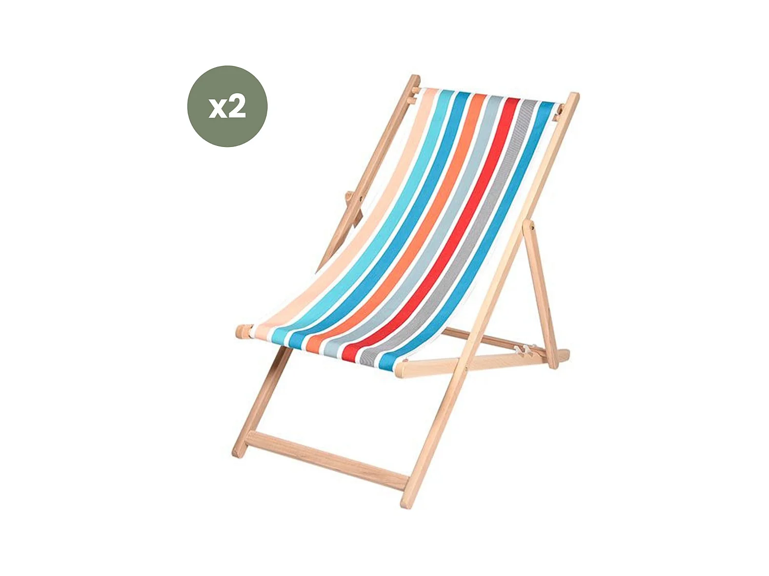 Lot de 2 chiliennes pliantes règlables - 100% acrylique - bois hêtre - Bleu/Orange - GARLIN PECHE