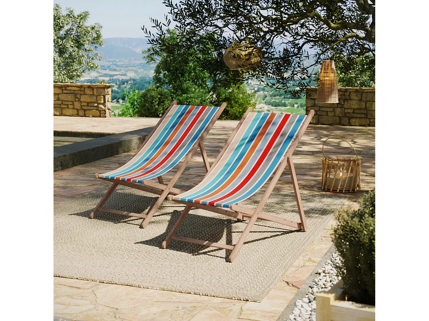 Lot de 2 chiliennes pliantes règlables - 100% acrylique - bois hêtre - Bleu/Orange - GARLIN PECHE