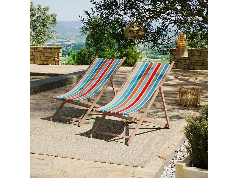 Lot de 2 chiliennes pliantes règlables - 100% acrylique - bois hêtre - Bleu/Orange - GARLIN PECHE