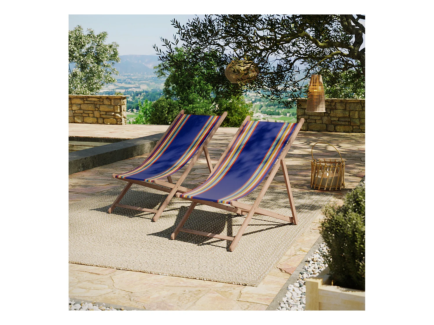 Lot de 2 chiliennes pliantes règlables - 100% acrylique - bois hêtre - Bleu/Orange - MAULEON MEDITERRANEE
