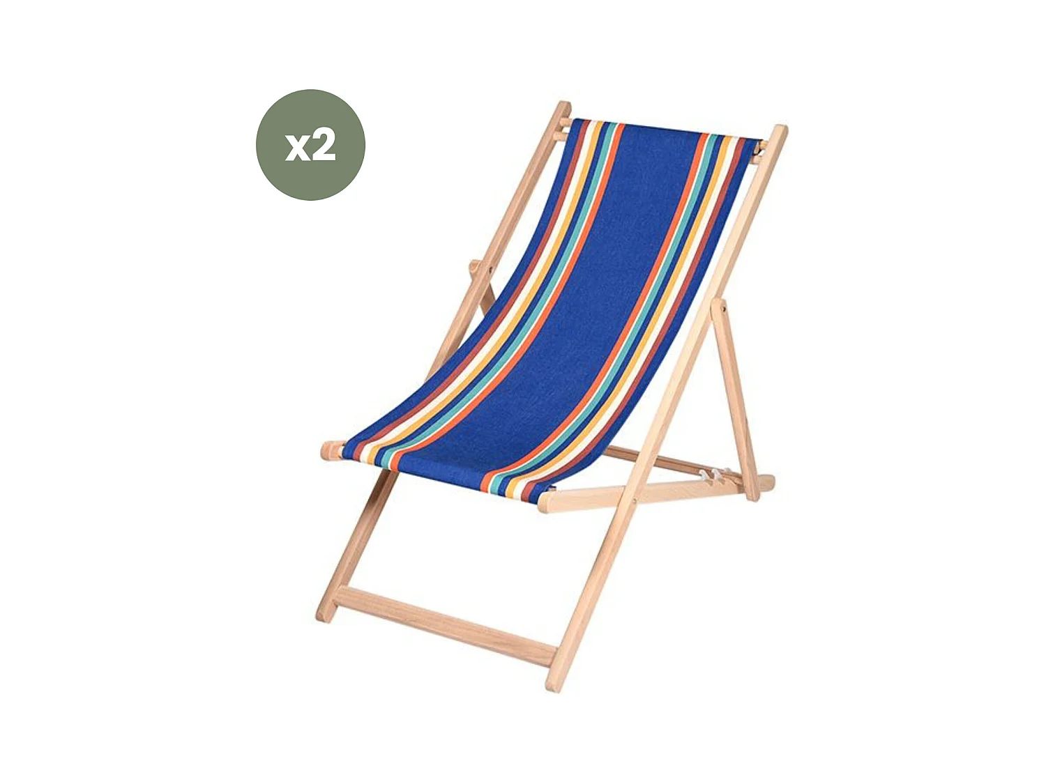 Lot de 2 chiliennes pliantes règlables - 100% acrylique - bois hêtre - Bleu/Orange - MAULEON MEDITERRANEE