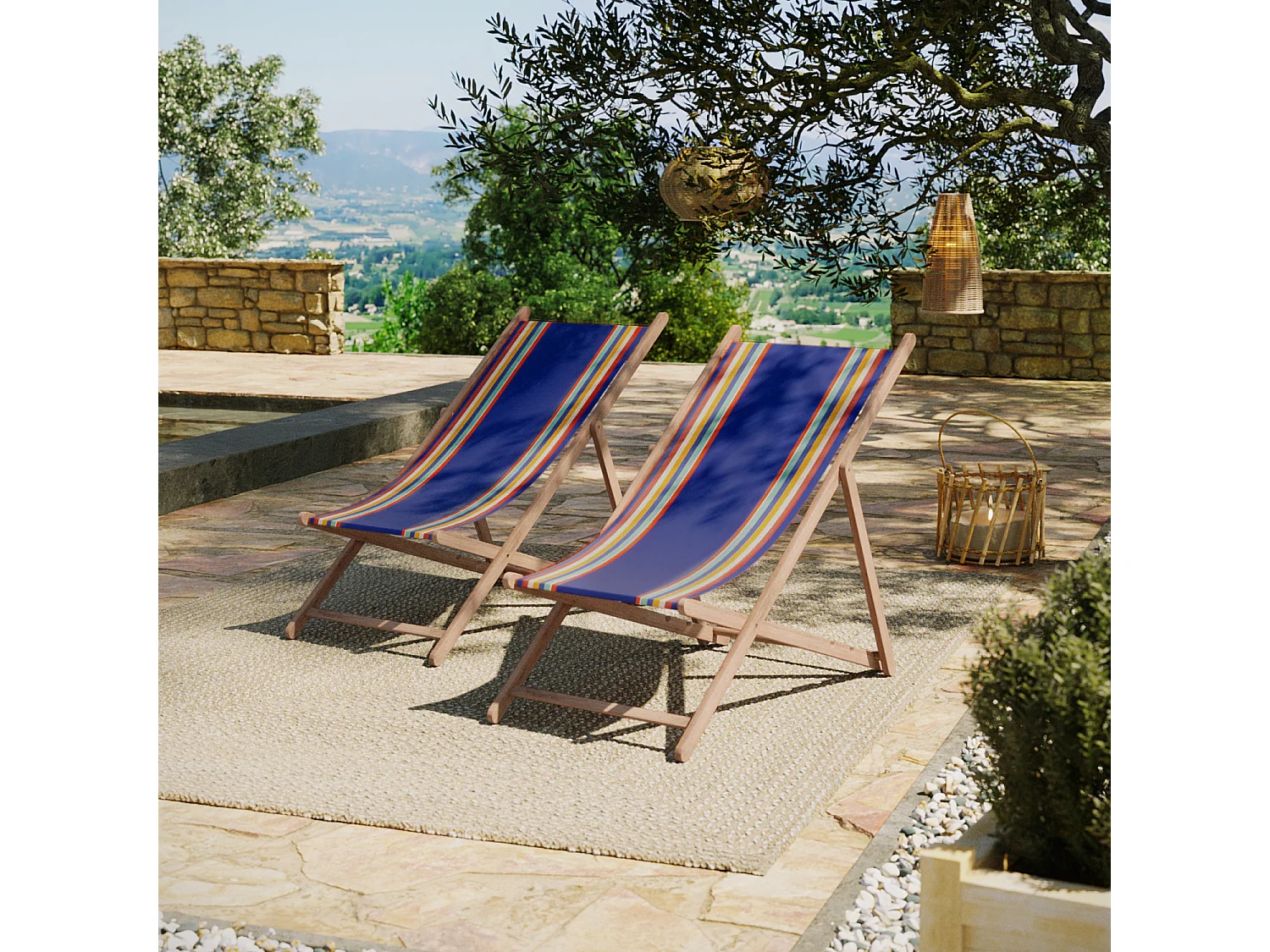 Lot de 2 chiliennes pliantes règlables - 100% acrylique - bois hêtre - Bleu/Orange - MAULEON MEDITERRANEE