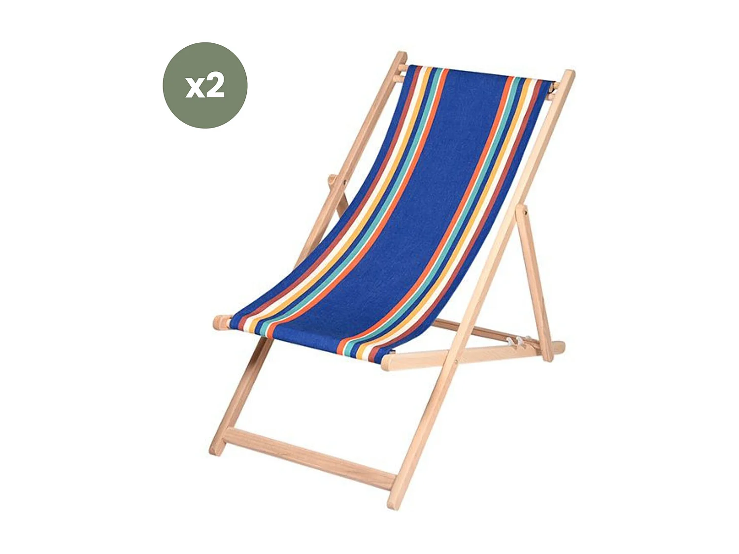 Lot de 2 chiliennes pliantes règlables - 100% acrylique - bois hêtre - Bleu/Orange - MAULEON MEDITERRANEE