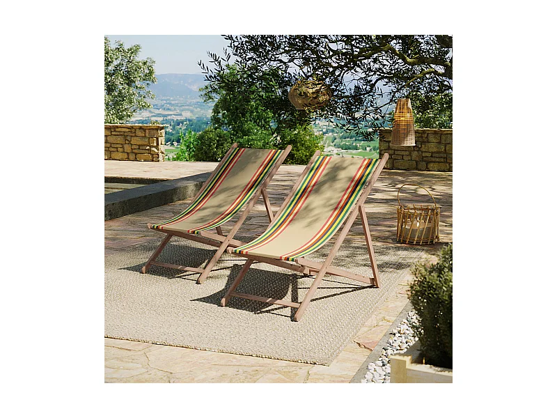 Lot de 2 chiliennes pliantes règlables - 100% acrylique - bois hêtre - Beige/Rouge - MAULEON LIN