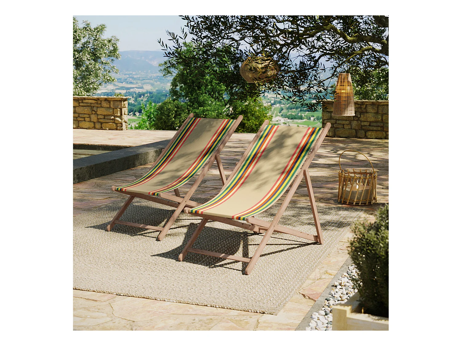 Lot de 2 chiliennes pliantes règlables - 100% acrylique - bois hêtre - Beige/Rouge - MAULEON LIN