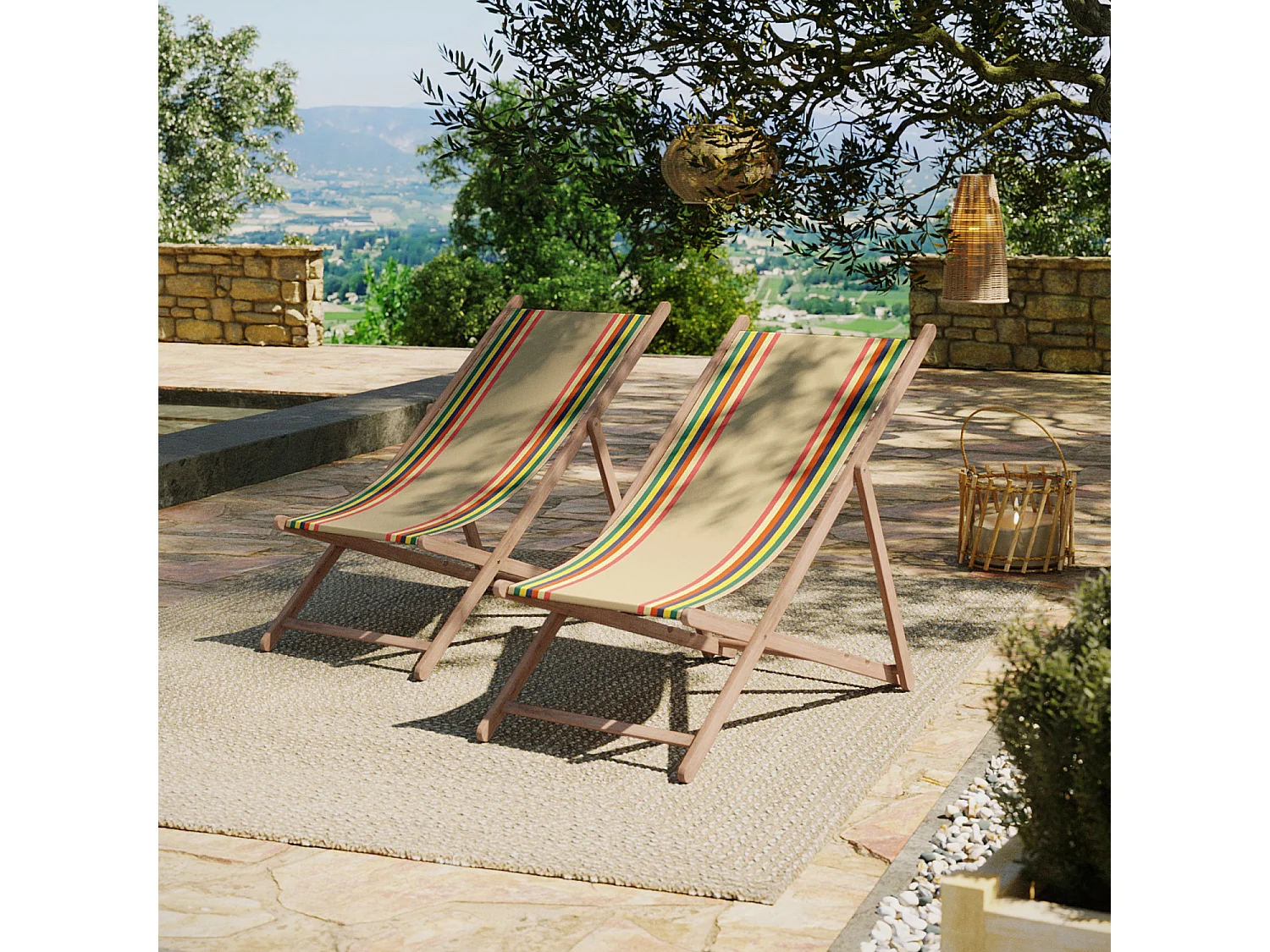 Lot de 2 chiliennes pliantes règlables - 100% acrylique - bois hêtre - Beige/Rouge - MAULEON LIN