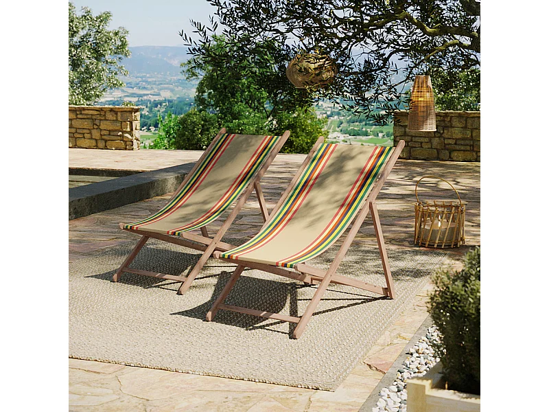 Lot de 2 chiliennes pliantes règlables - 100% acrylique - bois hêtre - Beige/Rouge - MAULEON LIN