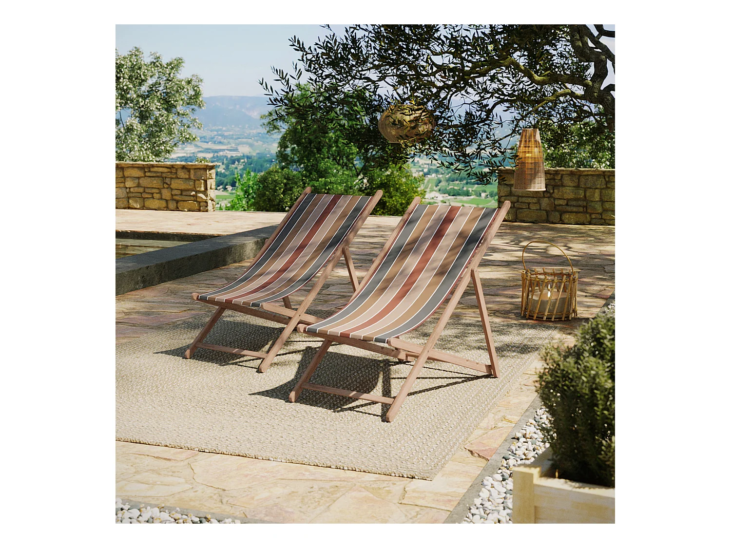 Lot de 2 chiliennes pliantes règlables - 100% acrylique - bois hêtre - Rouge/Marron - JERSEY