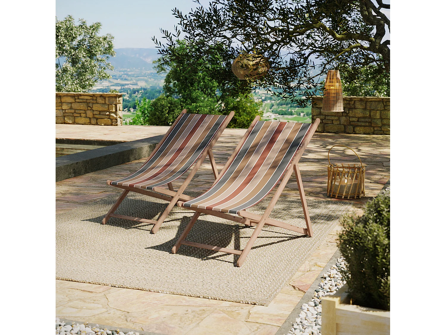 Lot de 2 chiliennes pliantes règlables - 100% acrylique - bois hêtre - Rouge/Marron - JERSEY
