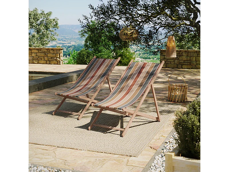 Lot de 2 chiliennes pliantes règlables - 100% acrylique - bois hêtre - Rouge/Marron - JERSEY