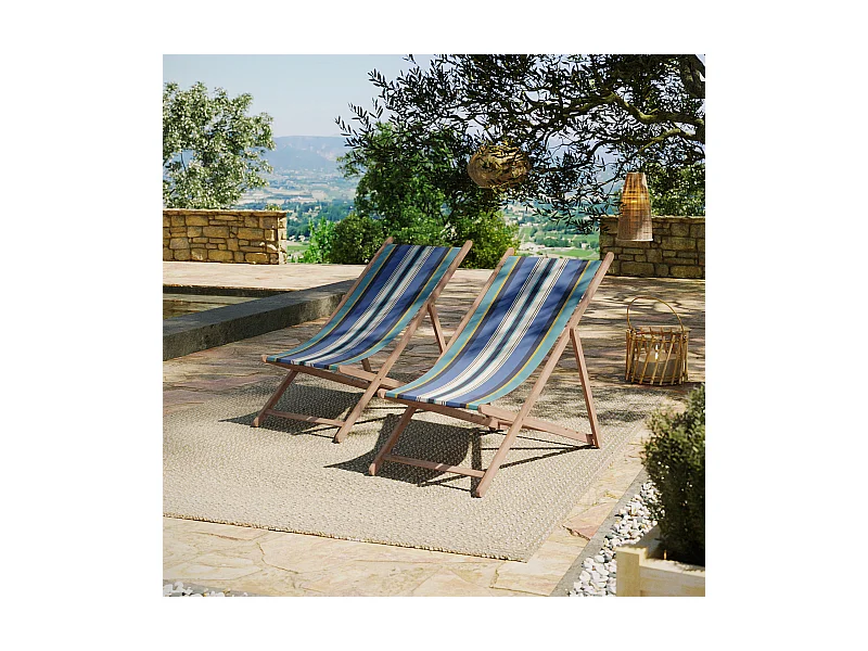 Lot de 2 chiliennes pliantes règlables - 100% acrylique - bois hêtre - Bleu/Blanc - PAROS