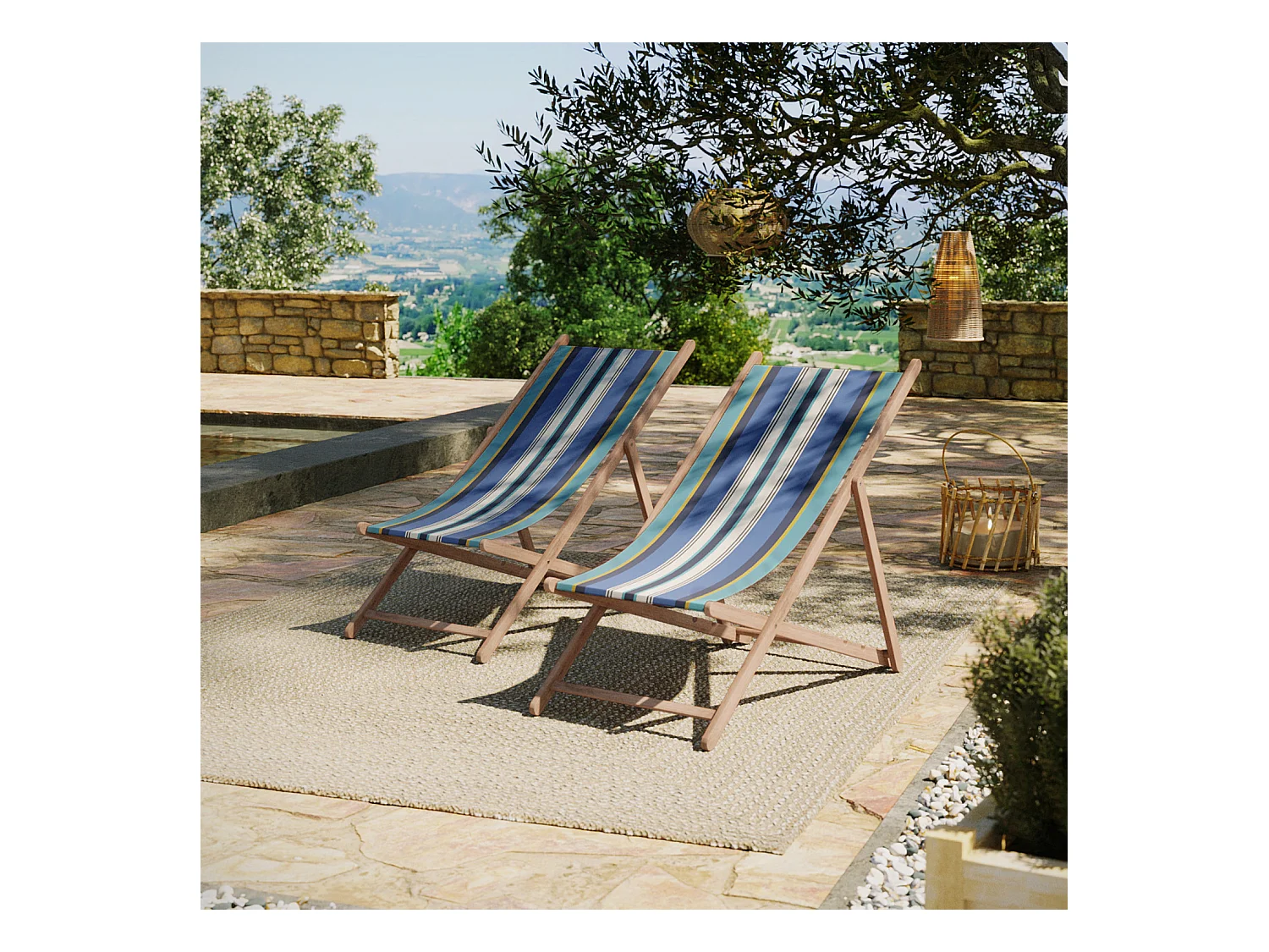 Lot de 2 chiliennes pliantes règlables - 100% acrylique - bois hêtre - Bleu/Blanc - PAROS