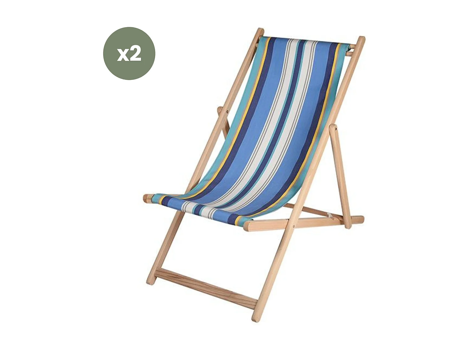 Lot de 2 chiliennes pliantes règlables - 100% acrylique - bois hêtre - Bleu/Blanc - PAROS