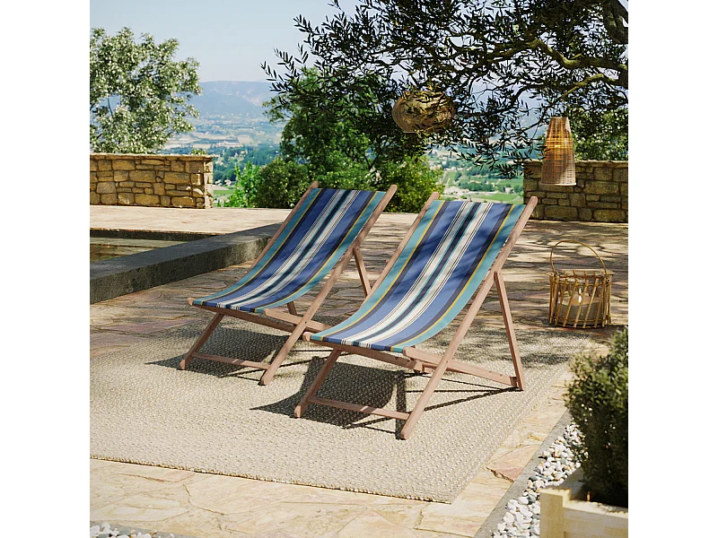 Lot de 2 chiliennes pliantes règlables - 100% acrylique - bois hêtre - Bleu/Blanc - PAROS