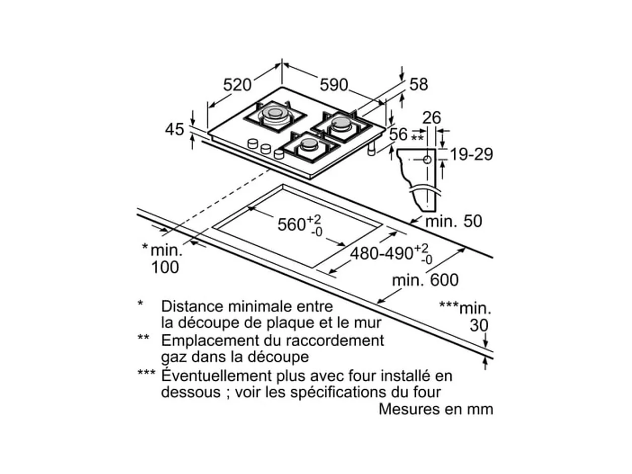 Siemens Table de cuisson gaz 60cm 3 feux 8000w - EP6A6CI10